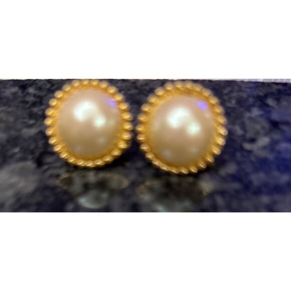 Vintage Monet Gold-Tone Clip-On Earrings With Faux Pearl Center & Beaded Trim - Picture 8 of 8